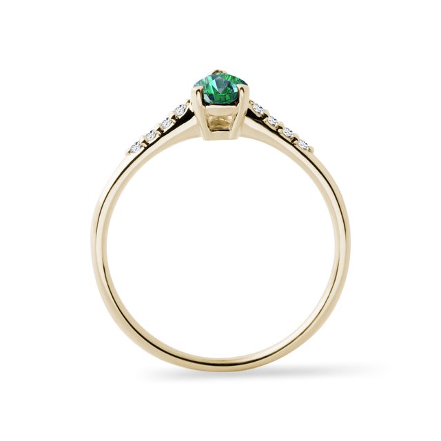 YELLOW GOLD RING WITH A TEA DROP CUT EMERALD AND DIAMONDS - EMERALD RINGS - 