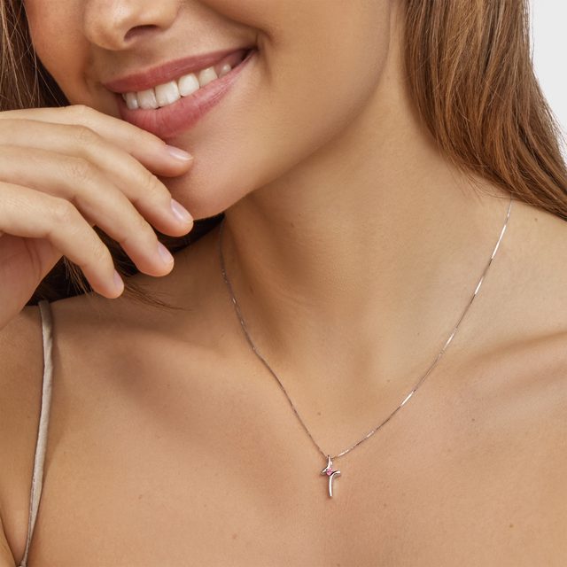 WHITE GOLD CROSS WITH PINK SAPPHIRE - SAPPHIRE NECKLACES - 