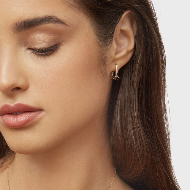 GARNET DOUBLE RIBBON GOLD EARRINGS - GARNET EARRINGS - 