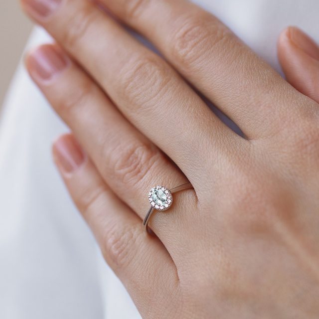 OVAL AQUAMARINE AND DIAMOND WHITE GOLD HALO RING - AQUAMARINE RINGS - 