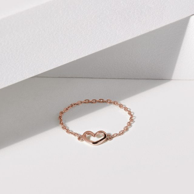 HEART-SHAPED PENDANT CHAIN RING IN ROSE GOLD - ROSE GOLD RINGS - 
