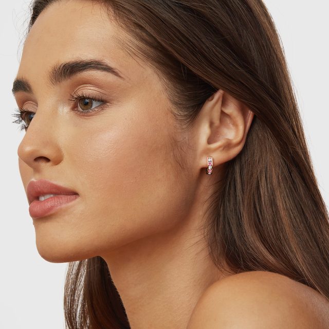 PINK SAPPHIRE AND DIAMOND ROSE GOLD HUGGIE EARRINGS - SAPPHIRE EARRINGS - 