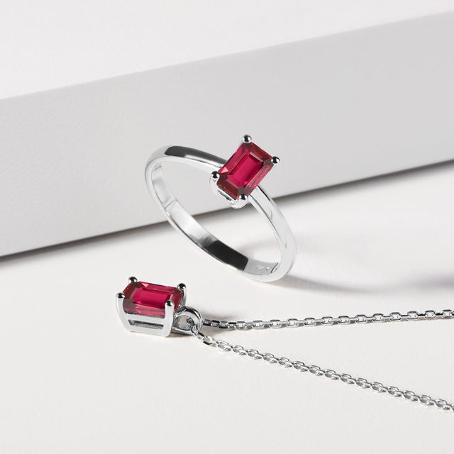EMERALD CUT RUBY NECKLACE IN WHITE GOLD - RUBY NECKLACES - 
