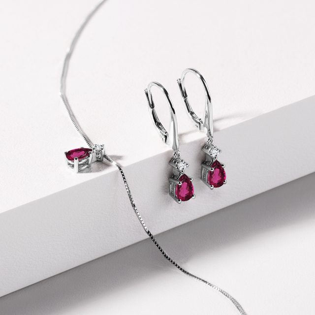 DANGLING RUBELLITE AND DIAMOND EARRINGS IN WHITE GOLD - TOURMALINE EARRINGS - 