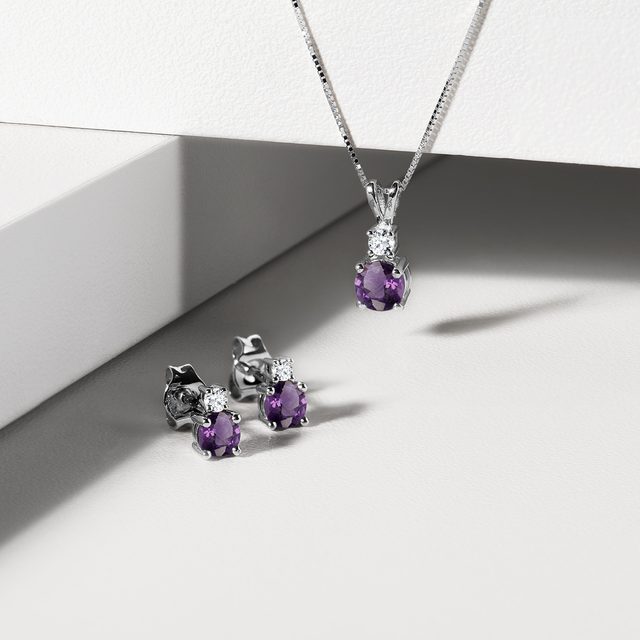 WHITE GOLD EARRINGS WITH AMETHYST AND DIAMONDS - AMETHYST EARRINGS - 