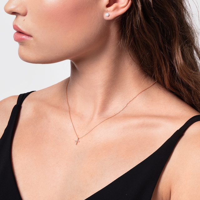 14K ROSE GOLD BRILLIANT CROSS - DIAMOND NECKLACES - 