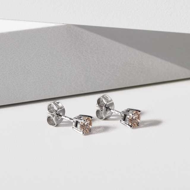 CHAMPAGNE DIAMOND EARRINGS IN WHITE GOLD - DIAMOND STUD EARRINGS - 