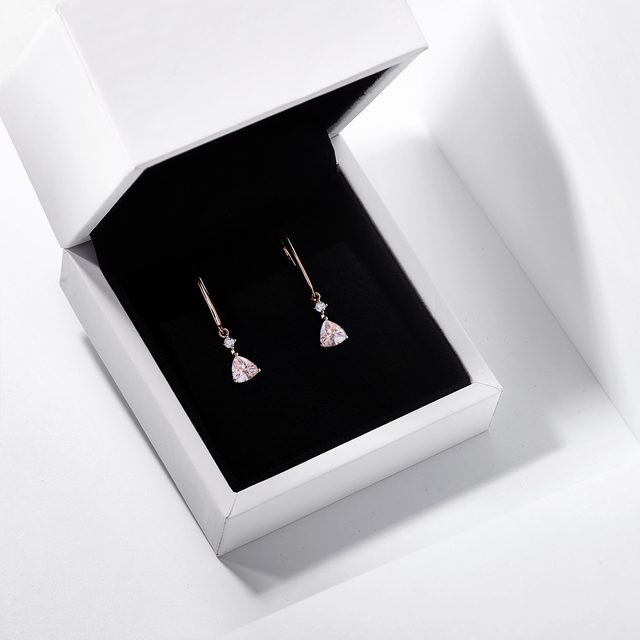 MORGANITE AND DIAMOND PENDANT EARRINGS IN ROSE GOLD - MORGANITE EARRINGS - 
