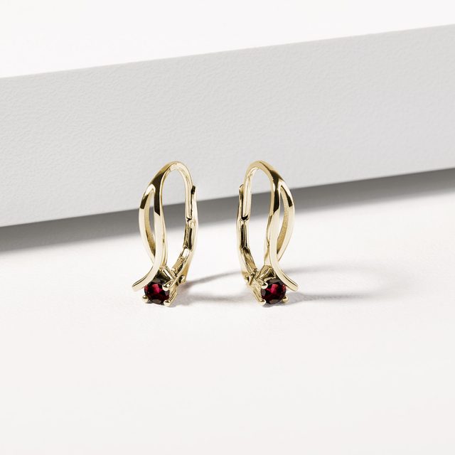 GARNET DOUBLE RIBBON GOLD EARRINGS - GARNET EARRINGS - 