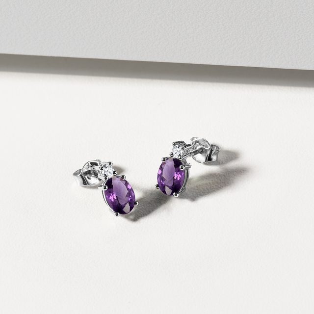AMETHYST AND DIAMOND EARRINGS IN WHITE GOLD - AMETHYST EARRINGS - 
