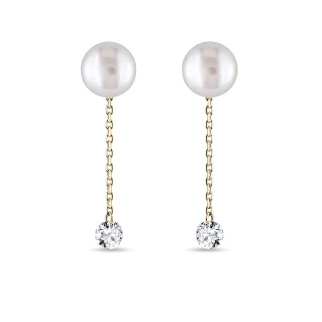14K YELLOW GOLD PEARL STUD EARRINGS WITH CHAIN AND DIAMONDS - PEARL EARRINGS - PEARL JEWELRY