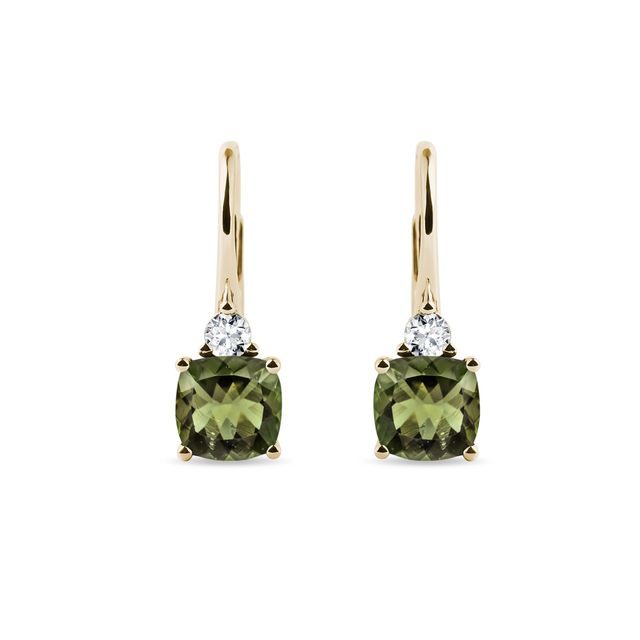 CUSHION CUT MOLDAVITE AND DIAMOND EARRINGS IN YELLOW GOLD - MOLDAVITE EARRINGS - EARRINGS