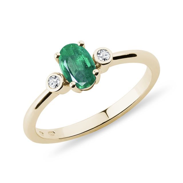 OVAL EMERALD AND BEZEL DIAMOND GOLD RING - EMERALD RINGS - RINGS