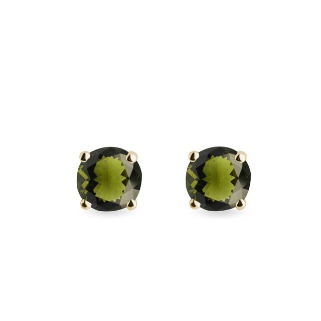 PUCES D'OREILLES EN OR JAUNE SERTIES DE MOLDAVITES - BOUCLES D'OREILLES EN MOLDAVITE - BOUCLES D'OREILLES