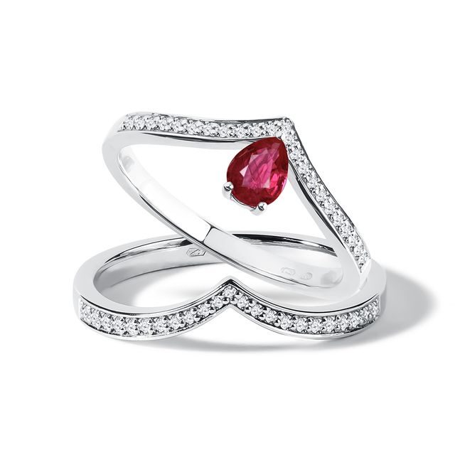 RUBY ​​AND DIAMOND RING SET IN WHITE GOLD - ENGAGEMENT AND WEDDING MATCHING SETS - ENGAGEMENT RINGS