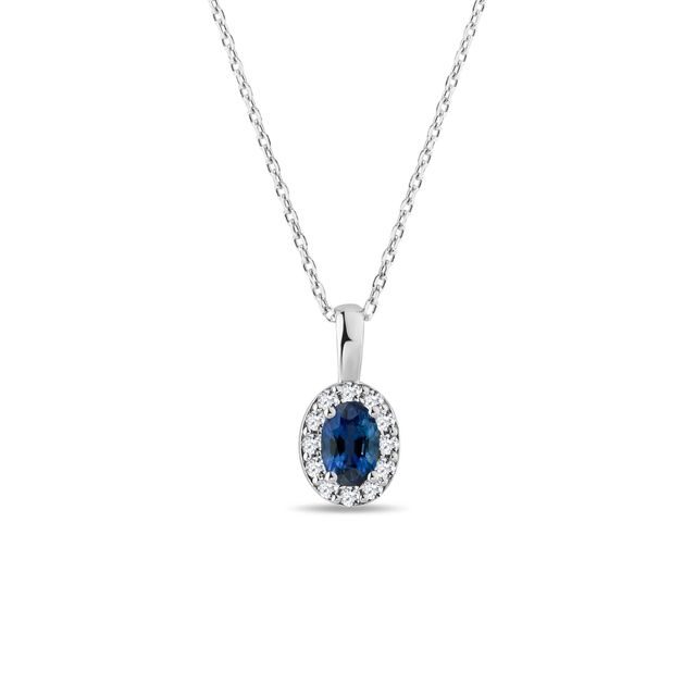 SAPPHIRE AND DIAMOND WHITE GOLD HALO NECKLACE - SAPPHIRE NECKLACES - NECKLACES