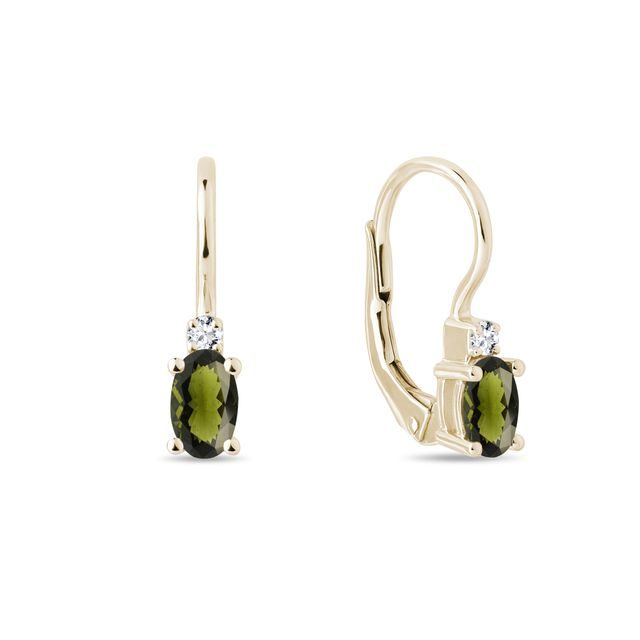 OVAL MOLDAVITE AND DIAMOND EARRINGS IN GOLD - MOLDAVITE EARRINGS - EARRINGS