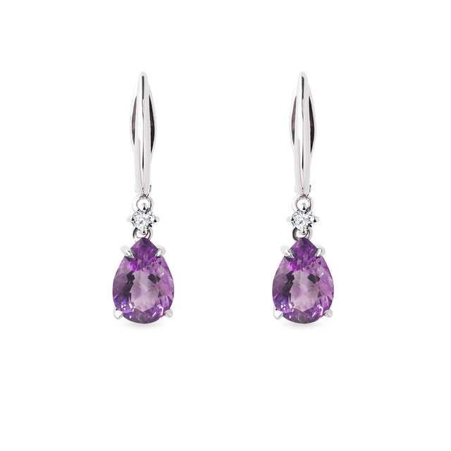 BOUCLES D'OREILLES EN OR BLANC AVEC DIAMANTS ET AMÉTHYSTES - BOUCLES D'OREILLES EN AMÉTHYSTE - BOUCLES D'OREILLES