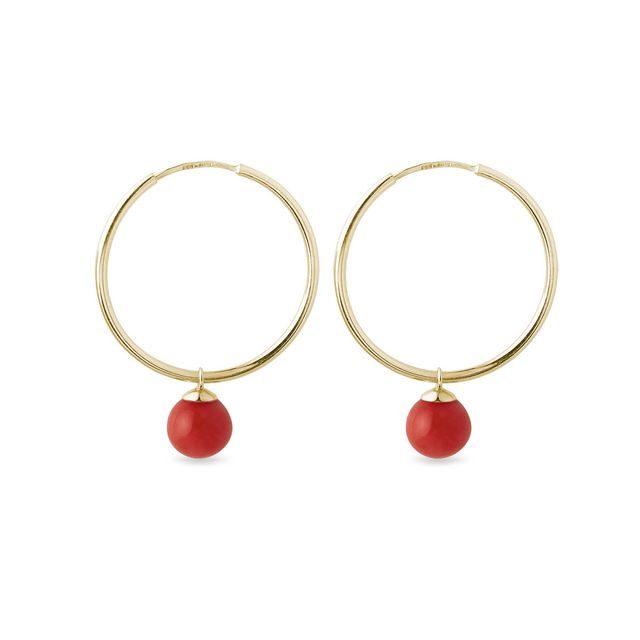 GOLD HOOP EARRINGS WITH ROUND CORAL PENDANTS - SEASONS COLLECTION - KLENOTA COLLECTIONS