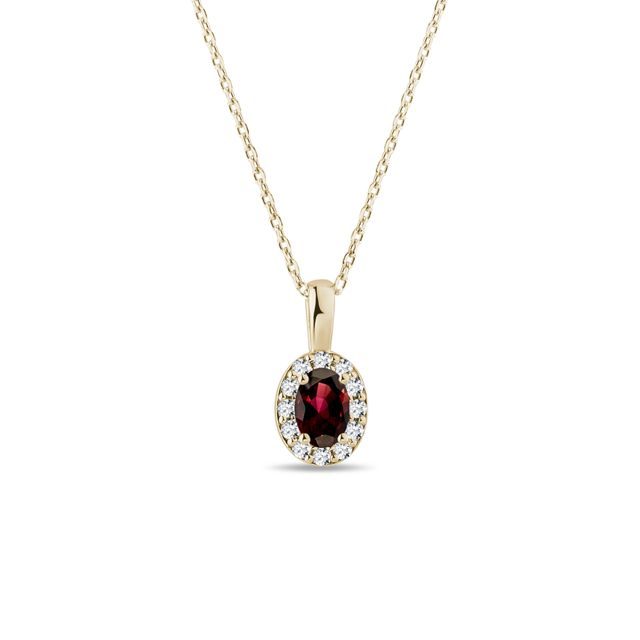 OVAL GARNET AND DIAMOND GOLD HALO NECKLACE - GARNET NECKLACES - NECKLACES