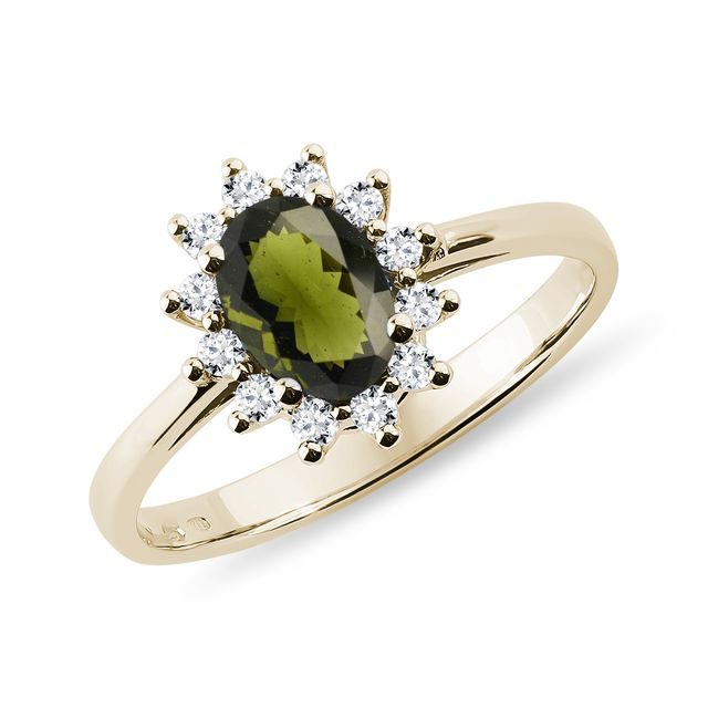 RING IN YELLOW GOLD WITH MOLDAVIT AND BRILLIANTS - MOLDAVITE RINGS - RINGS