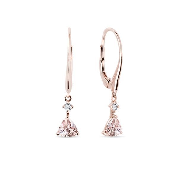 BOUCLES D'OREILLES EN OR ROSE AVEC MORGANITES TAILLE TRILLION ET DIAMANTS - BOUCLES D'OREILLES EN MORGANITE - BOUCLES D'OREILLES