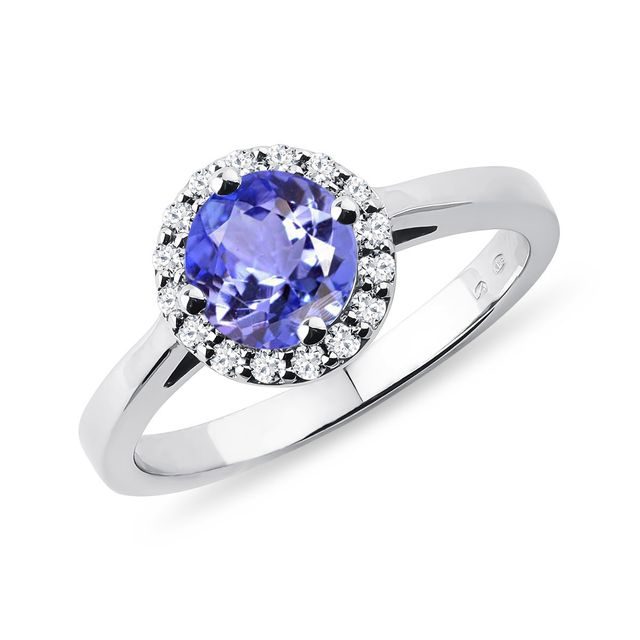 BAGUE AURÉOLE EN OR BLANC AVEC TANZANITE ET DIAMANTS - BAGUES EN TANZANITE - BAGUES