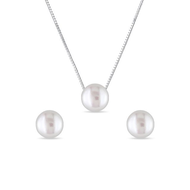 PEARL EARRING AND NECKLACE SET IN WHITE GOLD - PEARL SETS - PEARL JEWELRY