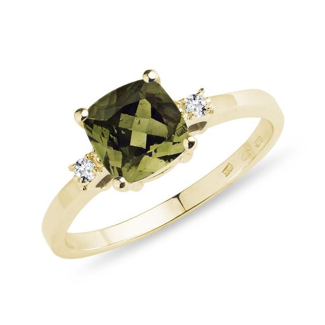 GOLD RING WITH A CENTRAL MOLDAVITE AND DIAMONDS - MOLDAVITE RINGS - RINGS
