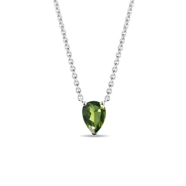 COLLIER D'OR BLANC AVEC MOLDAVITE TAILLE POIRE - COLLIERS AVEC MOLDAVITE - COLLIERS