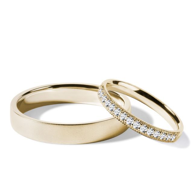 YELLOW GOLD DIAMOND AND SATIN FINISH WEDDING RING SET - YELLOW GOLD WEDDING SETS - WEDDING RINGS