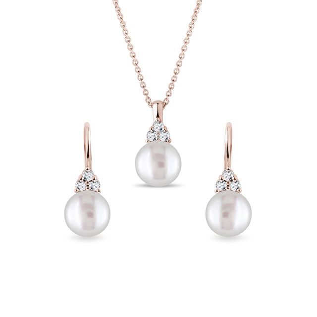 PEARL AND DIAMOND ROSE GOLD JEWELRY SET - PEARL SETS - PEARL JEWELRY