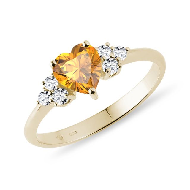 CITRINE HEART AND DIAMOND RING IN YELLOW GOLD - CITRINE RINGS - RINGS