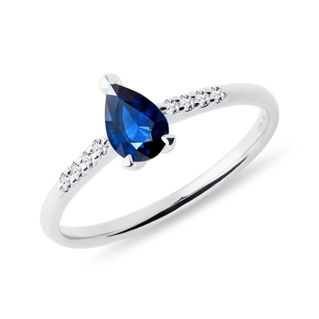 WHITE GOLD RING WITH A SAPPHIRE TEADROP AND DIAMONDS - SAPPHIRE RINGS - RINGS