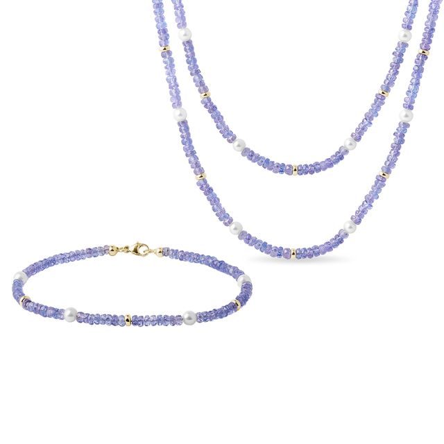 TANZANITE AND PEARL JEWELRY SET IN YELLOW GOLD - JEWELRY SETS - FINE JEWELRY