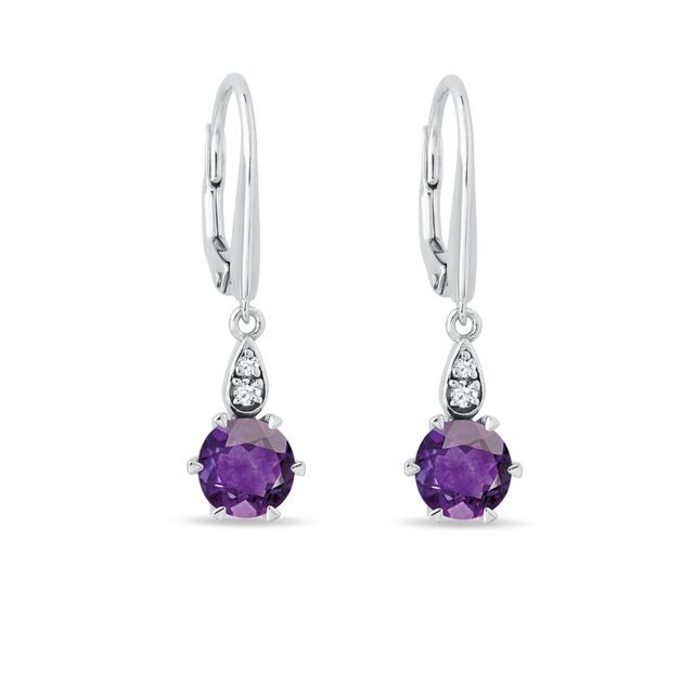 BOUCLES D'OREILLES OR BLANC AMÉTHYSTE VIOLETTE ET DIAMANT - BOUCLES D'OREILLES EN AMÉTHYSTE - BOUCLES D'OREILLES