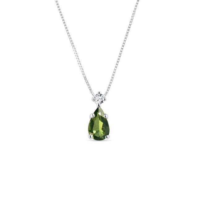 MOLDAVITE AND DIAMOND PENDANT IN WHITE GOLD - MOLDAVITE NECKLACES - NECKLACES