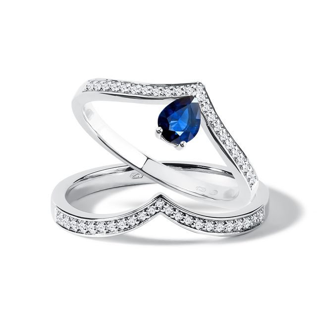 SAPPHIRE AND DIAMOND RING SET IN WHITE GOLD - ENGAGEMENT AND WEDDING MATCHING SETS - ENGAGEMENT RINGS