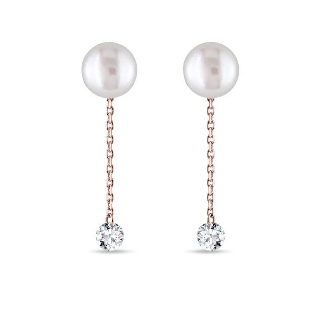 14K ROSE GOLD PEARL STUD EARRINGS WITH CHAIN AND DIAMONDS - PEARL EARRINGS - PEARL JEWELRY