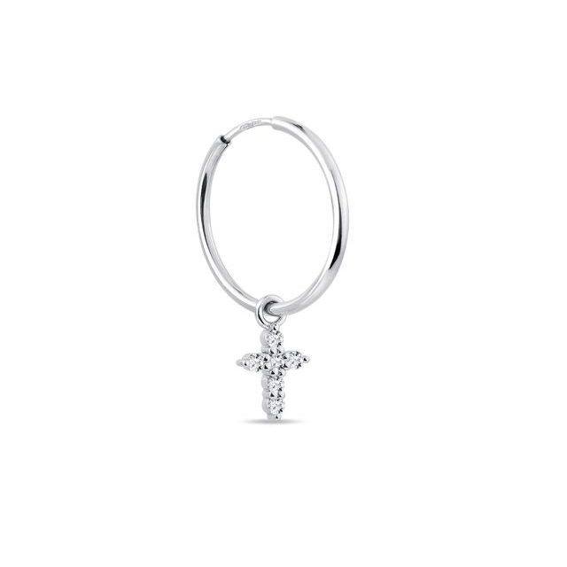 CRÉOLES EN OR BLANC AVEC CROIX EN DIAMANTS - BOUCLES D'OREILLES SOLITAIRES - BOUCLES D'OREILLES