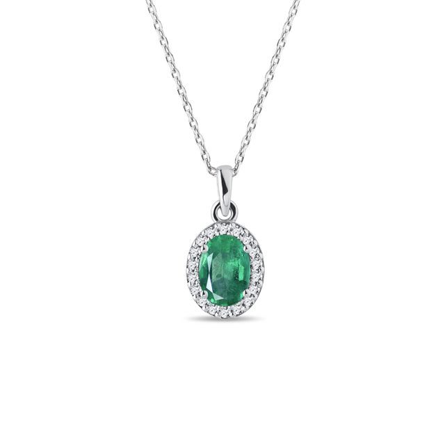 EMERALD AND DIAMOND OVAL PENDANT IN WHITE GOLD - EMERALD NECKLACES - NECKLACES