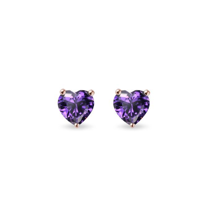 HEART-SHAPED EARRINGS WITH AMETHYST IN ROSE GOLD - AMETHYST EARRINGS - EARRINGS