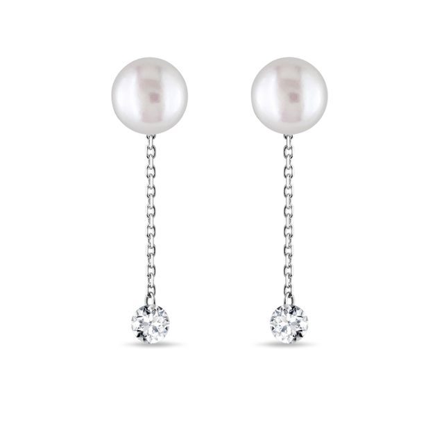 14K WHITE GOLD PEARL STUD EARRINGS WITH CHAIN AND DIAMONDS - PEARL EARRINGS - PEARL JEWELRY