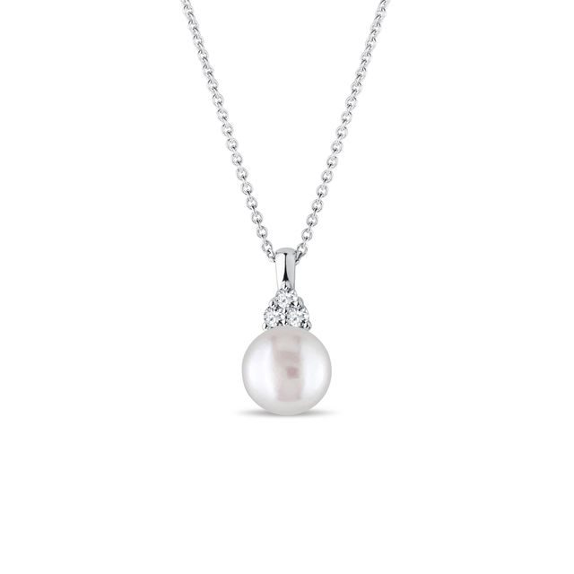 COLLIER EN OR BLANC AVEC PERLE D'EAU DOUCE ET DIAMANTS - PENDENTIFS EN PERLES - PERLES