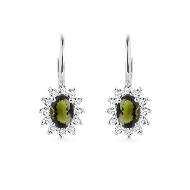 EARRINGS WITH DIAMONDS AND MOLDAVITE IN WHITE GOLD - MOLDAVITE EARRINGS - EARRINGS