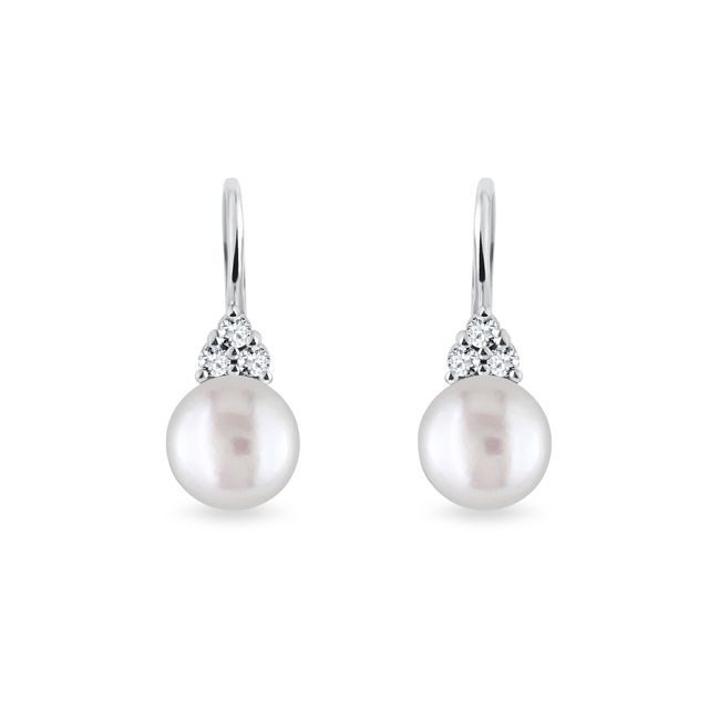 FRESHWATER PEARL AND DIAMOND WHITE GOLD EARRINGS - PEARL EARRINGS - PEARL JEWELRY