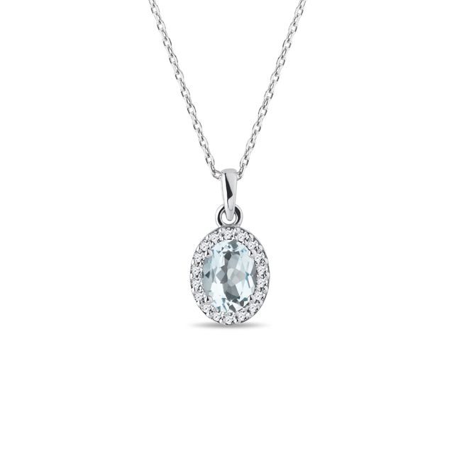 AQUAMARINE AND DIAMOND OVAL PENDANT IN WHITE GOLD - AQUAMARINE NECKLACES - NECKLACES