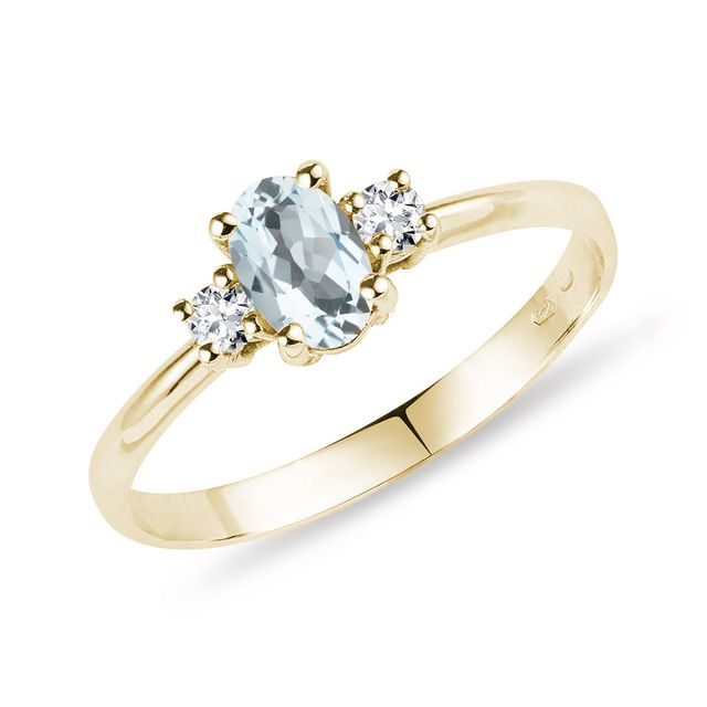 GOLD RING WITH AQUAMARINE AND TWO DIAMONDS - AQUAMARINE RINGS - RINGS