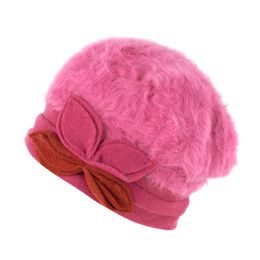 Angorský baret s ozdobou růžový