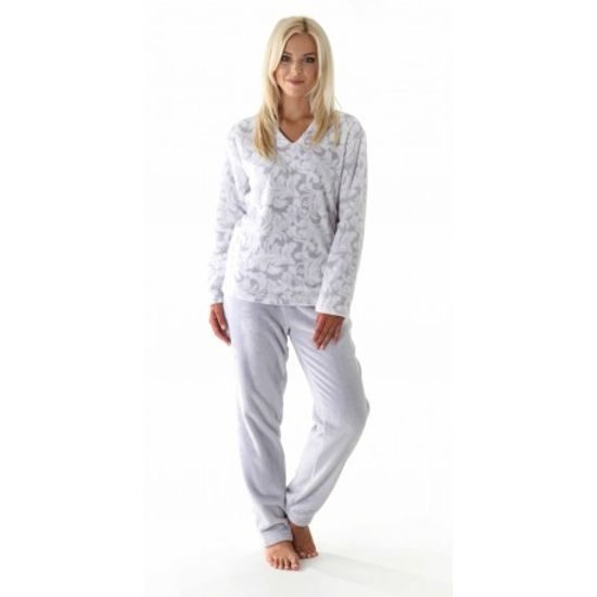 Dámské dlouhé teplé pyžamo FLORA šedý tisk na bílé